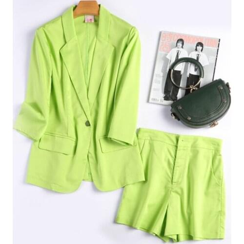 Spring and summer star OL commuter slim cotton and linen small suit jacket high waist shorts fashion suit female