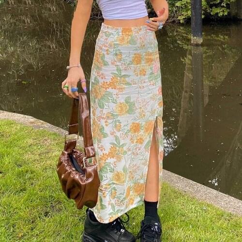 Vintage Y2K Floral Print Slit Hem Maxi Skirts 90s Streetwear High Waist Straight Long Skirt Retro Flower Pattern Bottoms