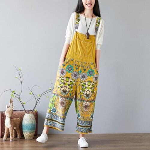 Women Loose Printed Patchwork Ripped Jumpsuits Print Ladies Vintage Washed Plus Size Overalls pants Female Pattern Rompers