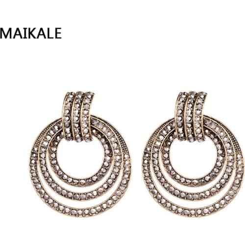 MAIKALE Vintage Earrings Round Gold Black Stud Earrings Metal Exaggerated Rhinestone Earrings For Women Send Friend Gifts