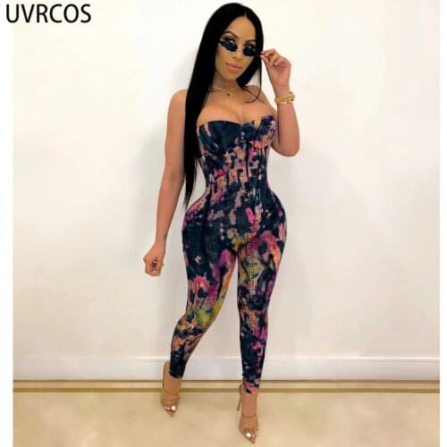 UVRCOS Birthday Outfits For Women Strapless Jumpsuit 2021 Summer Casual Skinny Tie Dye Printing Denim Material Elegant Overalls