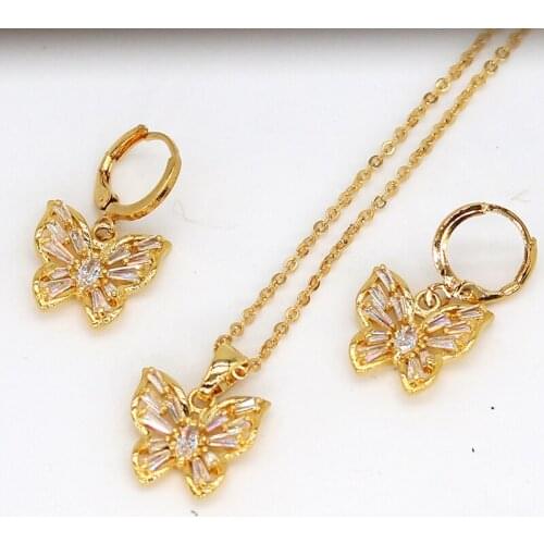 24K Butterfly Charm Jewelry sets for women Dubai Gold Plated Necklace Pendant Earrings set Indian African wedding bridal gift