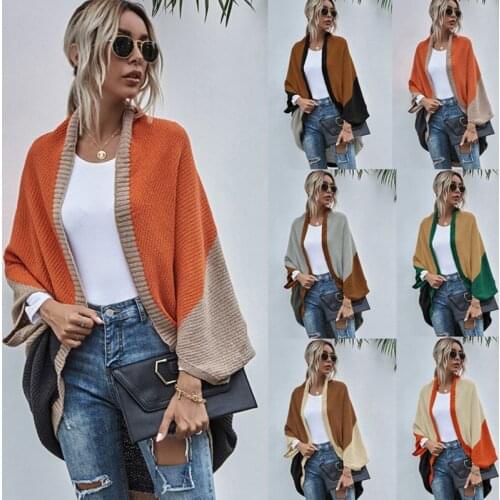 Autumn Color Matching Geometric Pattern Knitted Cardigan Sweater Coat Elegant Bat Sleeve Loose Irregular Office Ladies Sweater