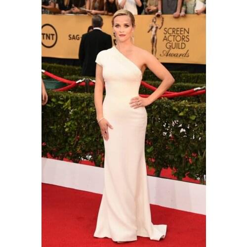 Elegant Long One Shoulder Ivory Celebrity Dresses Stretchy Robe De Soiree Floor Length Mermaid Satin Formal Dresses for Women