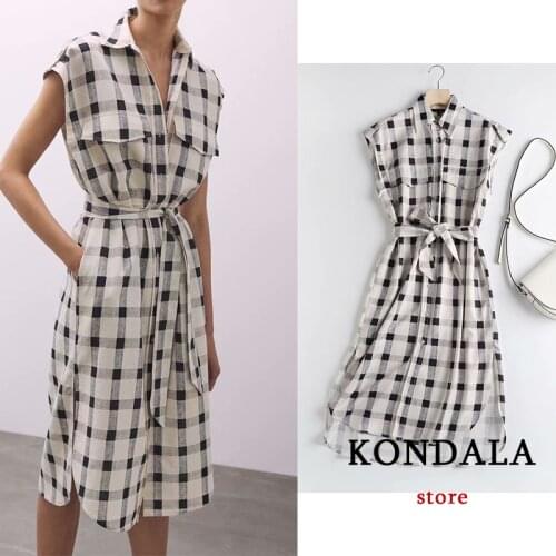 Za 2021 Chic Plaid Office Lady Summer Women Shirt Dress Sleeveless Sashes Elegant Midi Dress Vintage Elegant A-Line Vestidos