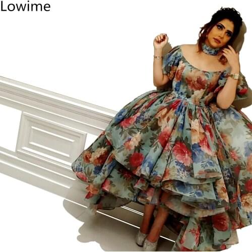 Plus Size Dubai Flower Pattern Prom Dress 2019 Arabic Tiered Tea-Length Cocktail Dress Short Sleeves Cocktailkleid Vestidos