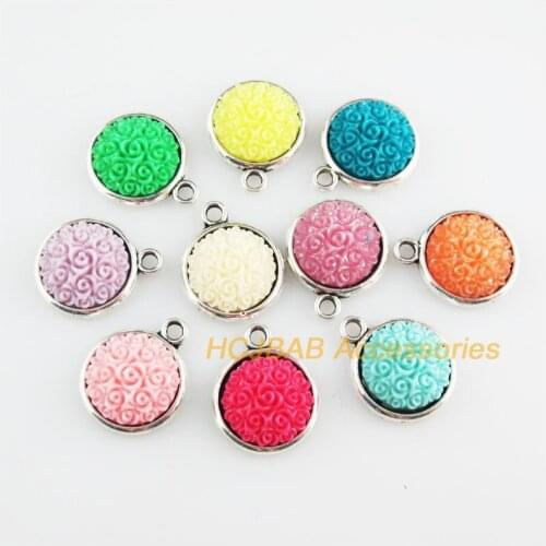 10 New Flower Charms Tibetan Silver Tone Retro Mixed Round Resin Pendants 14x17mm