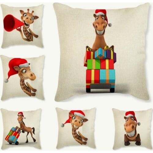 18" Lovely Cute Christmas Giraffe Home Decoration Sofa Throw Pillows Cartoon Animal Print Xmas Gift Decorative Car Seat Cushion
