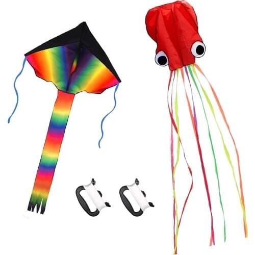 2 Pc Long Tail Rainbow Kite Large Rainbow Kite And Red Mollusc Kites Flying Toys Outdoor Cartoon Animal Toys