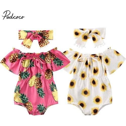 2020 Summer Holiday Playsuit For 0-24M Girls Bow Sunflower Pineapple Short Sleeve Romper Headbadn Newborn Baby Girl Clothes