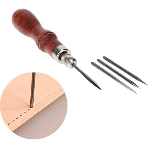4 in 1 DIY Wood Handle Leather Stitching Awl for Leather Sewing Scratch Awl Tools Canvas Leathercraft Sewing Needle Kit