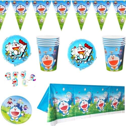 59pcs/lot Doraemon Theme Birthday Party Cups Dishes Banner Aluminum Foil Balloons Tablecloth Cake toppers Tableware