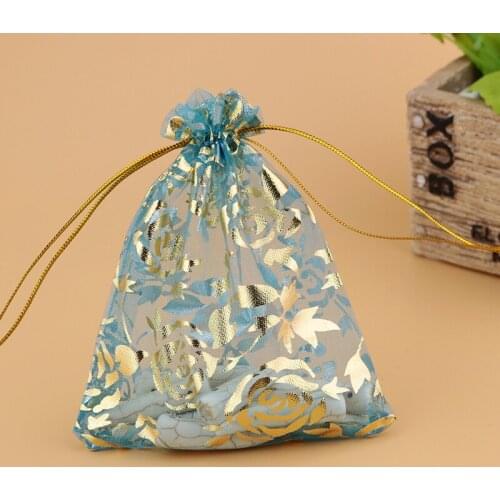 9x12cm (3.54"x4.72")200pcs Lake Blue Rose Brozning Popular Organza Jewelry Gift Bags Cheap Organza Pouches Christmas Bags