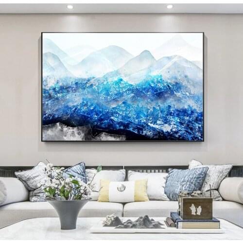 Abstract Blue Mountain Painting Prints and Posters on Canvas Modern Nordic Landscape Wall Art Pictures Living Room Decoration