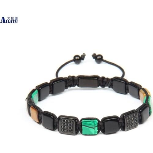 Ailatu 8x 8mm Natural Black Onyx flatbead Stone Beads Private Custom Mens wristband sqaure Bracelet Name and Logo Printing