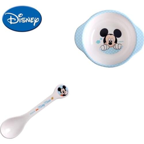 Disney Children Dinnerware Minnie and Mickey Spoon Double Ears Cartoon Bowl Cute Baby Feeding Dinnerware Set