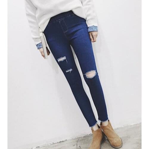 Knee hole in jeans Nine minutes of pants students show thin stretch tight pencil feet pants trousers