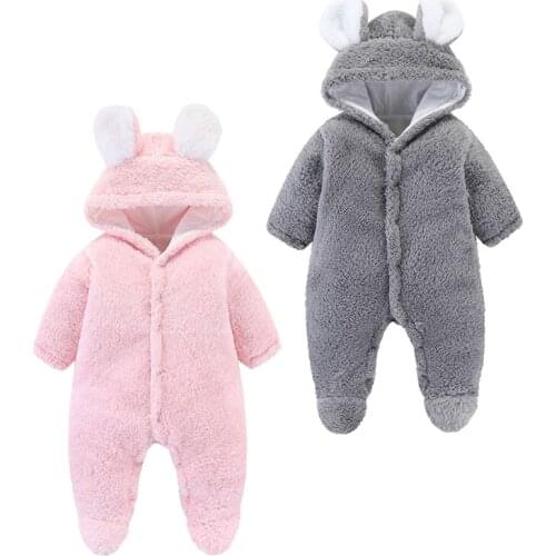 Fleece Velvet Newborn Baby Jumpsuits Autumn Clothes For Kids Infant Boys Girls Rompers Cute Eear Hoodies Outfit