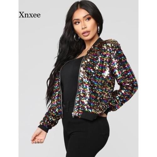 Sequin Bomber Jacket Women Colorful Glitter Fashion Long Sleeve Coat Zipper Cool Street Club Wear Spring Autumn Outwear Clothing
