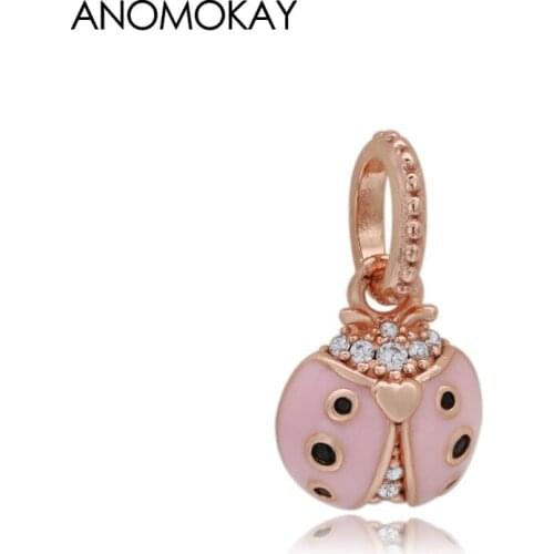 Anomokay Trendy Colorful Ladybug Pendant Charm fit Bracelet & Necklace Rose Gold Color Cute Insect Beads for DIY Jewelry