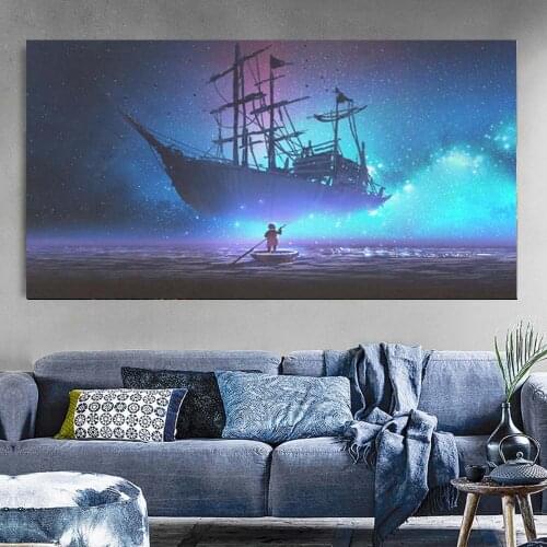 Seascape Wall Art Canvas Pinting Print Boy Rowing Poster Print Modern Wall Art Picture Waterproof Modular Living Room Decor