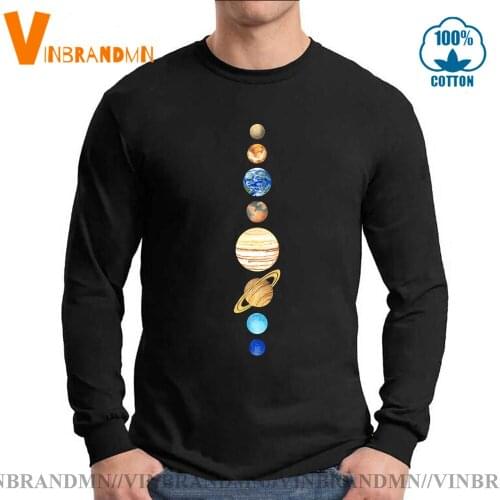 Vintage Tee Shirt Nine Planets mens T-Shirt Universe Solar System Tops Brand Long Sleeves O-Neck Planets Colour T Shirt