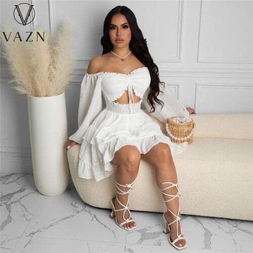 VAZN New 2021 Fashion Full Sleeve Off Shoulder Beach Short Sexy Regular Dress Women Elegant Fashion Dress Slim Dress