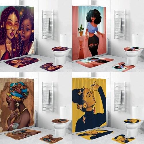 Personalized African American Women Bathroom Curtains Sexy Lovely Black Girl Shower Curtain Set Bath Mats Rugs Home Decor