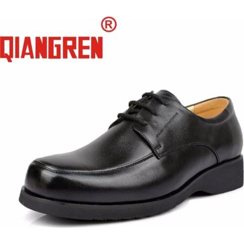QIANGREN Military Brand Mens Spring Autumn Genuine Leather Black Dress Shoes Male Business Officer Staff Height Increasing Shoe