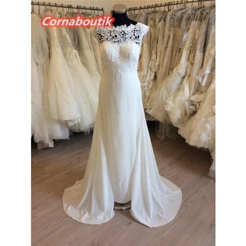 Real Pictures Flared Skirt Vestidos Lace Bodice Sheath Bateau V Back Crepe Chiffon Abiti COR-027 Sposa Bridal Gowns Robe Mariage