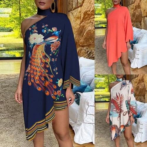 Plus size dress apparel Women Fashion Choker Peacock Print One Shoulder Irregular Ruffled Hem Dress