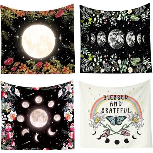 Moonlit Garden Tapestry Luxury Butterfly Moon Phase Flower Wall Hanging for Bedroom Kids Room Living Room Poster Home Decor