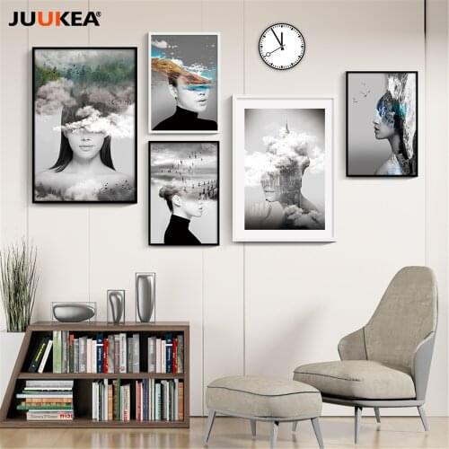 Modern black and white City Girl Landscape Dream Clouds，group of Wall Pictures Canvas Painting Posters And Prints Home Decor