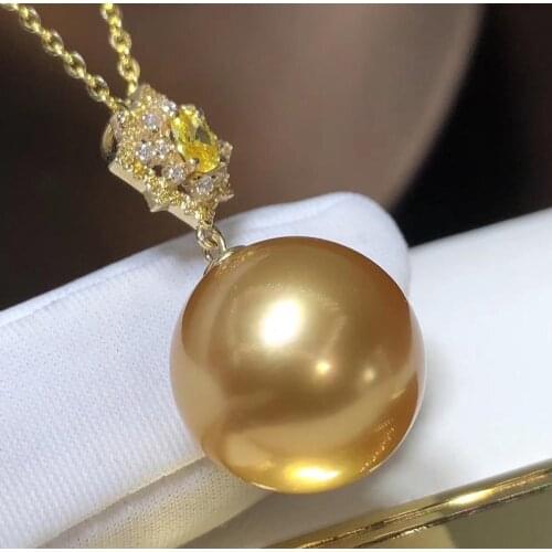 D418 Pearl Pendant Fine Jewelry Solid 18k Gold Round 13-14mm Natural Ocean Sea Water Golden Pearls Pendants Necklaces for Women