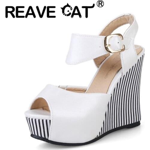 REAVE CAT 2021 New Sweet Wedges Sandals Peep Toe Buckle Strap Striped Platforms Slingbacks 11cm US14 Beige Blue Pink Black A4255
