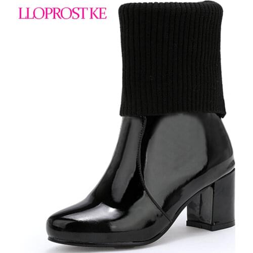 Lloprost ke Ankle Boots Chunky High Heels Women Fashion Patent Leather Boots Black White Red Female Shoe Sexy Women Pumps D608
