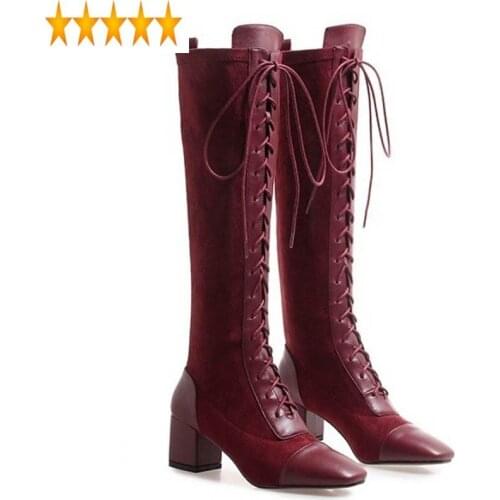 Stretch Leather Fabric Quality Ladies Shoes Luxury Brand Sexy Lace Up Knee Boots Woman High Heel Booties Black/WineRed