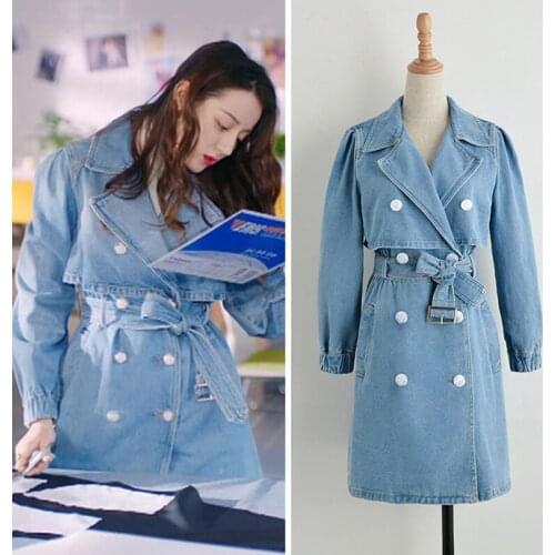 Light Blue Denim Trench Coat Women Casual Mid-length Lapel With Belt Abrigos 2020 Double-breasted Denim Windbreaker Womens Z998