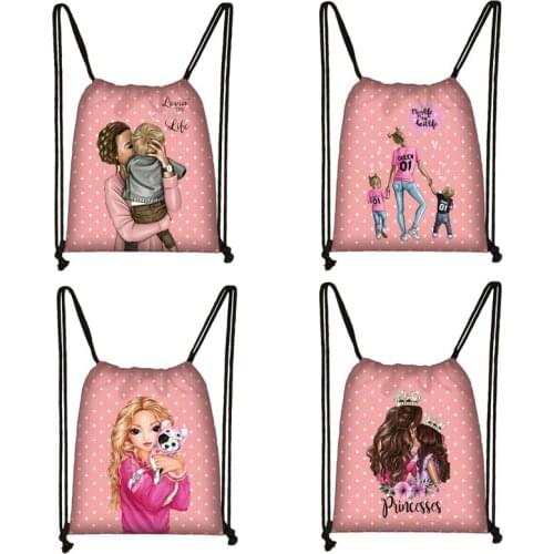 Beautiful Mom Princess Girls Drawstring Bag Rucksack Women Canvas Ladies Storage Bags for Travel Gift