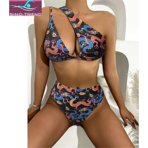 Sexy Color Block Asymmetric Bikini Set 2021 Female Single Shoulder Swimsuit Women Dragon Pattern Split High Waist Swimwear