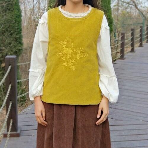 Johnature Embroidery Corduroy Vest Womens Winter Coats Pullover Solid Color Plus Cotton 2020 Autumn New Vintage Women Vests