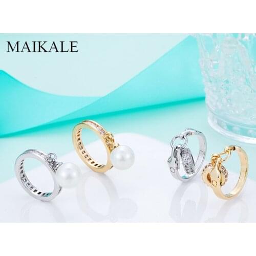MAIKALE Luxury Cubic Zirconia Pearl Rings for Women Girls Gold Wild Wedding Band Rings Cocktail Party Creative Jewelry