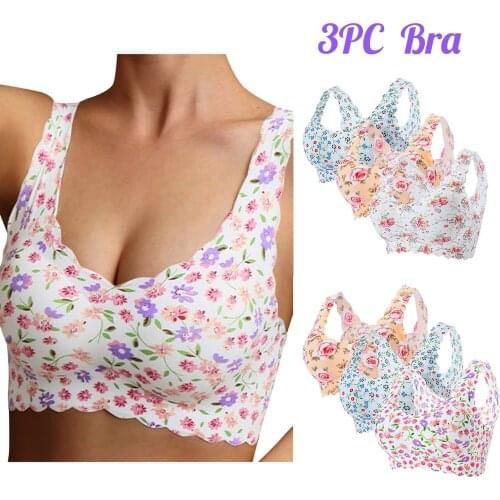 3PCS Womens Sexy Ice Silk Floral Bra Underwear Seamless Push Up Comfortable Bralette Brassiere Vest Tops Female Intimates