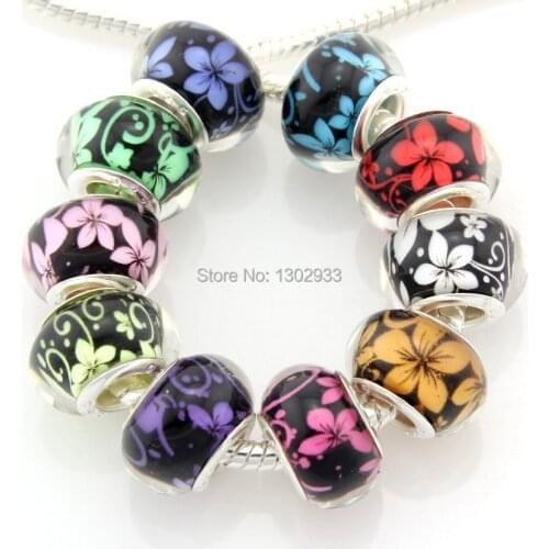 50 pcs/ lot 10 Color Mix Pink White Purple Green Red Brown Blue Flower Big Hole Beads For European Charm Bracelet ZZH11