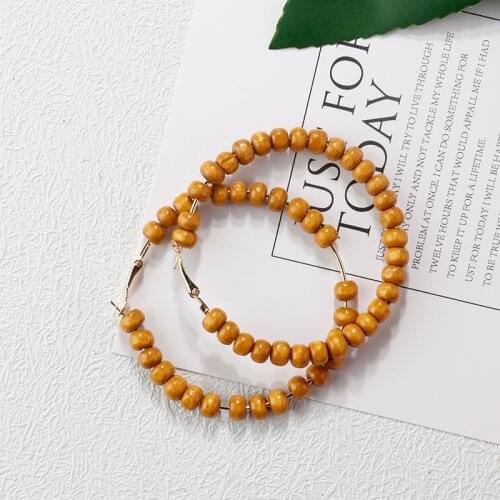 AENSOA Bohemian Handmade Wooden Beads Hoop Earrings For Women Ethnic Big Circle Statement Earrings Fahsion Jewelry