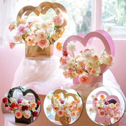 Heart Shaped Flowers Boxes Romantic Packing Paper Box for Girlfriend Gift Portable Flower Basket Giftbox Wrapping Pink Paper Box