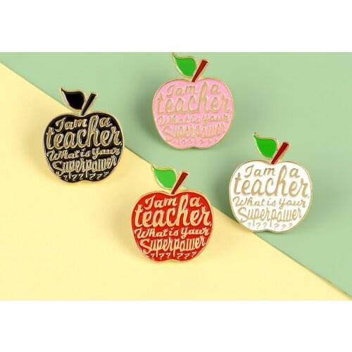 Four Colors Apple Pins "teacher" Enamel Metal Pins With Text Cartoon Brooches Badges Lapel Clothes Bag Pins Women Jewelry Gifts