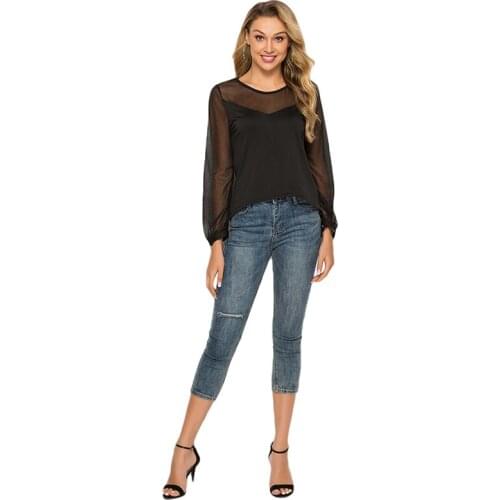 Women Tshirts Round Neck Stitching Lantern Sleeve Top Sexy Breathable Ladies Shirt Casual Loose Blusas Mulher Elegantes