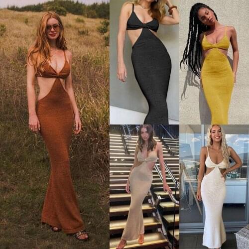 Hot Kf-Womens Sexy Knitted Hollow Spaghetti Strap Long Dress Halter Neck Halter Long Dress