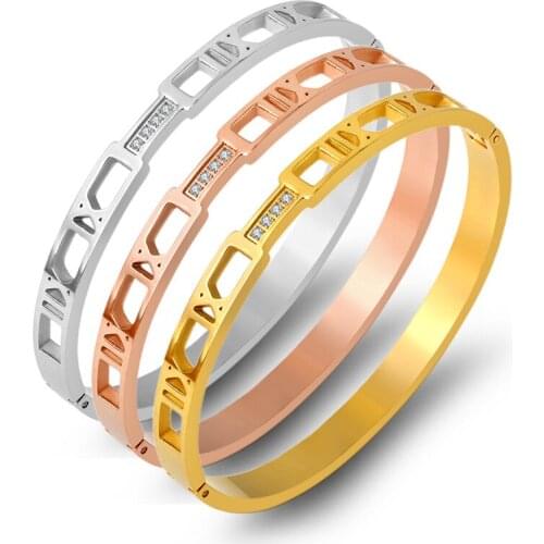 Hot Sale Hollow Roman Numerals With Rhinestone CZ Rose Gold Color / Silver Color / Gold Color Stainless Steel Bracelets